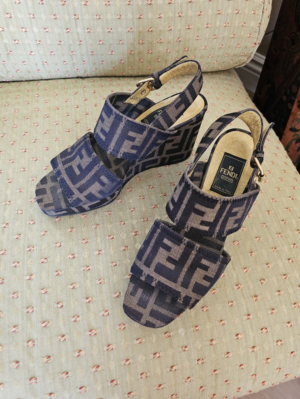 Authentic Fendi Tan and Black FF Logo Wedge Slingbacks 6.5
